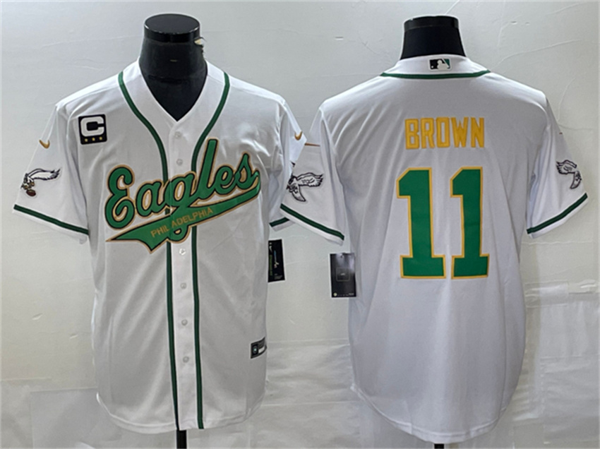 Men's White Gold Philadelphia Eagles #11 A. J. Brown With C Patch Cool Base Stitched Baseball Jersey